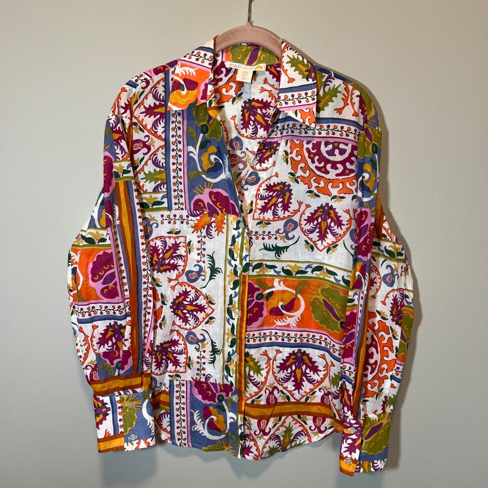 C&C California Women's Cotton Button Down Shirt Paisley Tile Print Multicolor M
